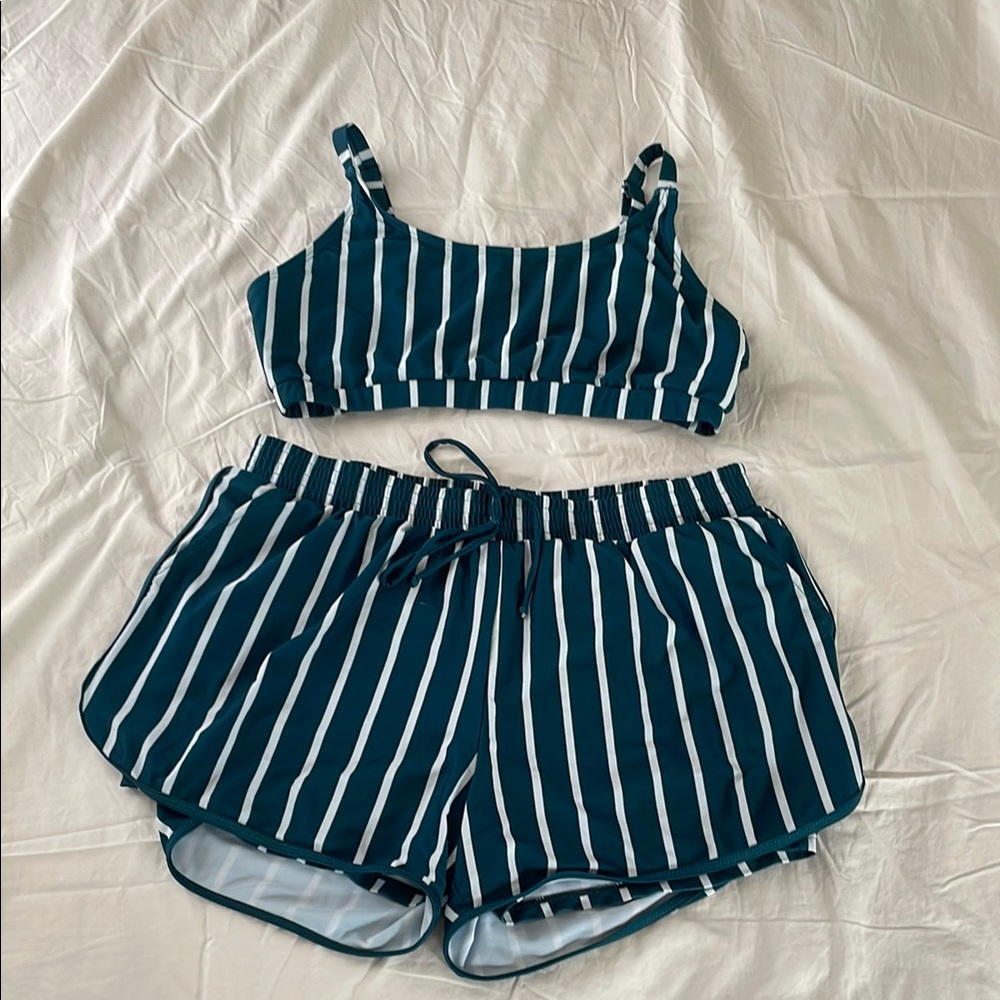 Striped Teal and White Two-Piece Swim Set